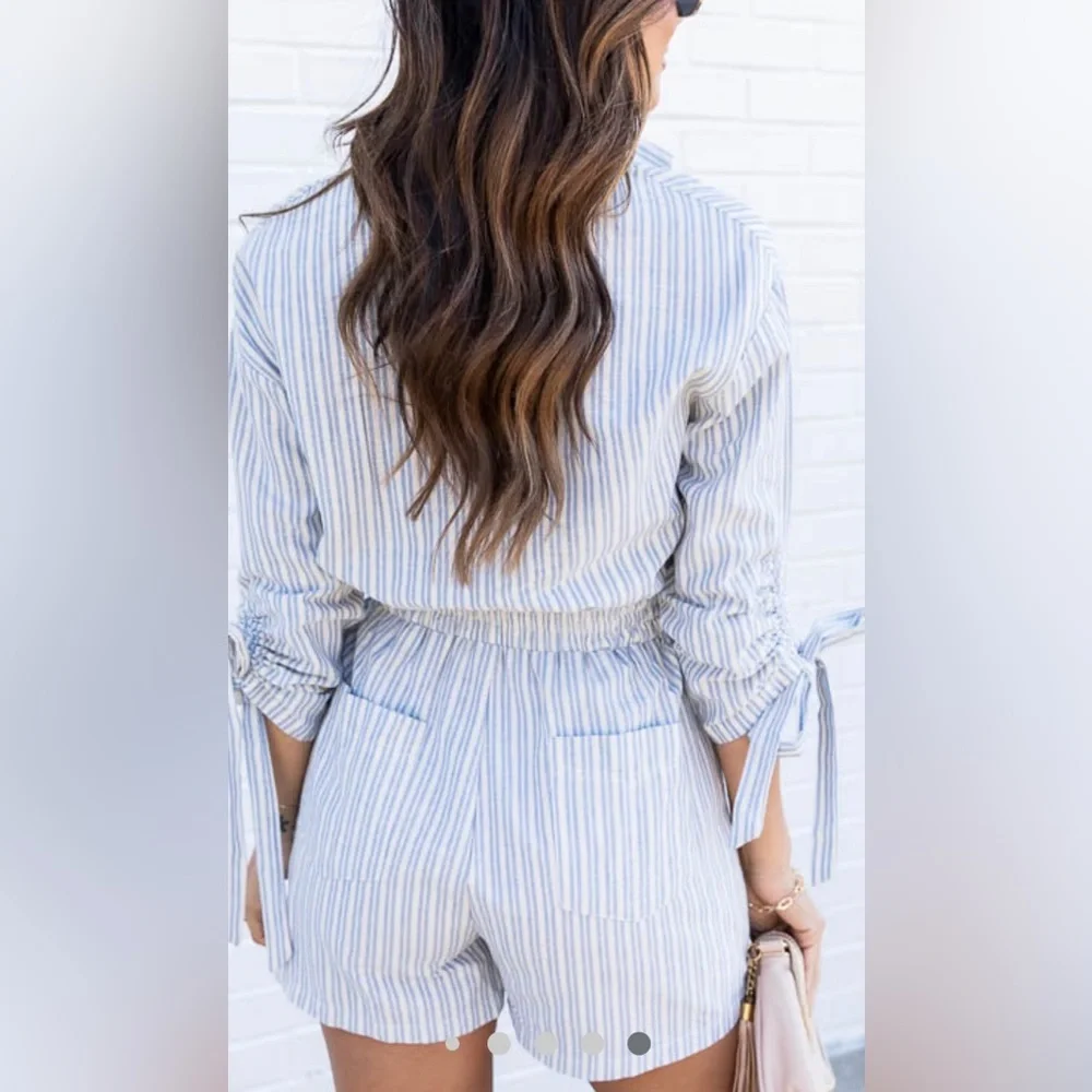 Pink Lily Should’ve Said Blue Stripe Collar Romper - Picture 5 of 15